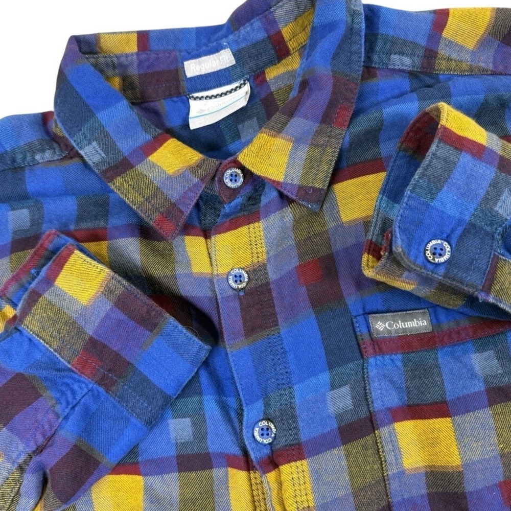 Columbia Button Down Flannel Shirt Mens Large Blue Plaid Regular Fit Cotton Boho
